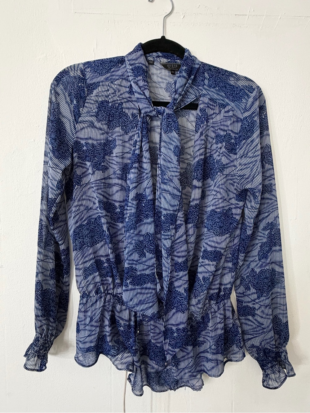 Guess Navy Floral Tie-Neck Peplum Blouse